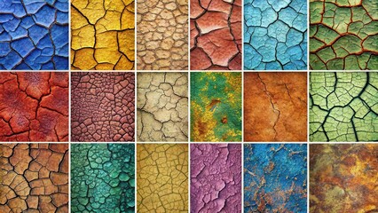 A collection of cracked patterns in various colors and materials for unique backgrounds and overlays