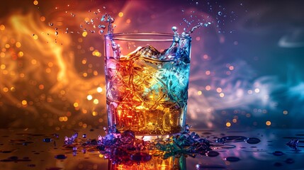 Alcoholic drinks of life with rainbow colors, glowing from within in the dark, glowing energy surrounding it.