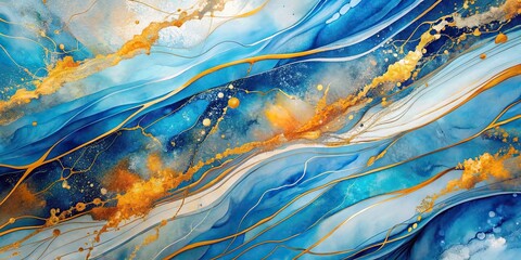 Abstract art with blue and white background and gold and orange line
