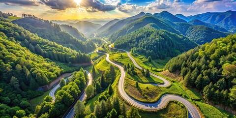 Aerial view of a winding mountain road surrounded by lush greenery on a sunny day