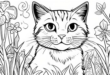 Obraz premium Lineart, coloring book, Black and white,cat with flowers