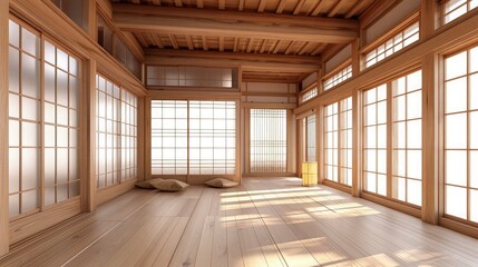 Obraz premium Japaneseroom,Muji style, Empty wooden room,Cleaning japandi room interior, 3D rendering.