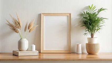 Minimalist mock up frame photo in a serene home interior background, ideal for featuring text or products