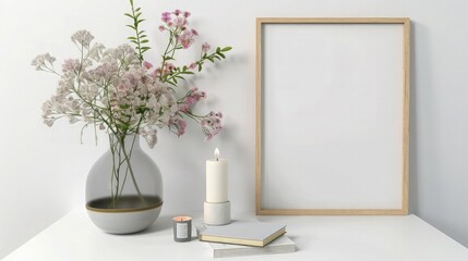 Picture frame mockup, vase of flowers, candle, book on white table. Scandinavian interior. Simple design.