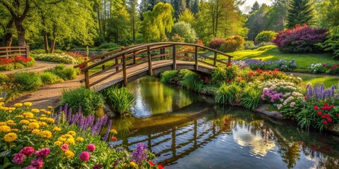 Idyllic countryside scene featuring a wooden bridge over a small stream amidst lush greenery and blooming flowers