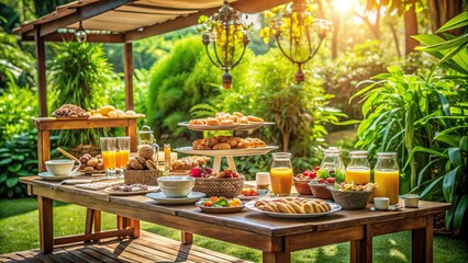 An inviting outdoor brunch setup with a variety of food and drinks spread out on a table under a...