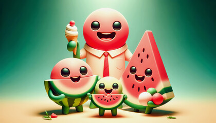 Four adorable watermelon characters with big smiles stand together. One holds an ice cream cone, while another has a slice of watermelon. They all look happy and playful.