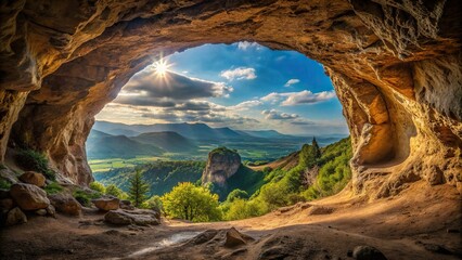 Empty cave with a view of the outside world