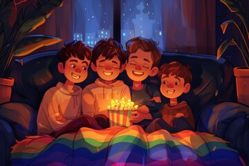 Four boys sit on couch under rainbow blanket, sharing popcorn and enjoying movie night. Warm, unity, and camaraderie, celebrating friendship and LGBTQ+ pride with smiles and laughter.