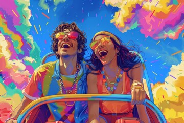 Colorful roller coaster ride with young couple laughing, celebrating happiness and joy. Bright blue sky, rainbow-colored confetti. Represents love, LGBTQ+ pride, and vibrant summer fun.