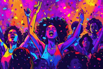 Woman with afro hair raises arms in celebration during a colorful Pride Month event. vibrant confetti and expressive crowd, her joyful expression embodies the spirit of love, unity, and diversity.
