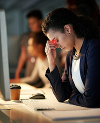 Woman, desk and stress in office with headache, fatigue and overworked in workplace. Burnout,...