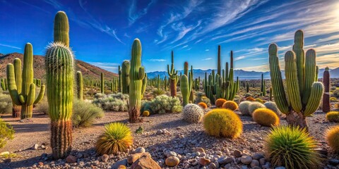 Desert landscape with various species of cacti under a clear blue sky - Powered by Adobe