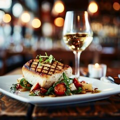 Grilled fish fillet served with white wine in a restaurant for a delightful dining experience