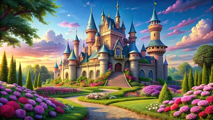Fairy tale inspired princess castle with turrets and lush gardens