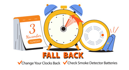Daylight Saving Time Ends. Fall Back Time Banner. Clock with calendar date of changing time in November 3, 2024 with reminder text - Change Your Clock Back One Hour and Check Smoke Detector Batteries