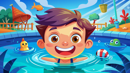 Naklejka premium Boy in red swimsuit lying in an inflatable pink donut in the pool on a sunny summer day