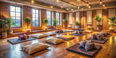 Cozy and warmly lit yoga loft with plush cushions and soft blankets, providing a nurturing environment for meditation and deep relaxation