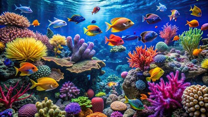 Colorful tropical coral reef with fish in a sea aquarium