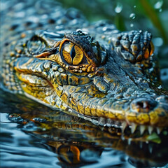 Krokodil schwimmt im Wasser es regnet - Krokodil ist auf der Jagd - Schönes Krokodil leuchtet in der Sonne