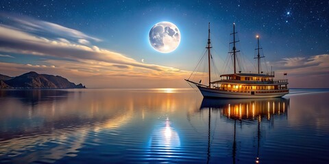 Dreamy night voyage with moonlight reflecting on calm sea