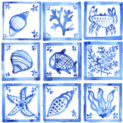 Danish style ceramic tiles with blue sea illustrations seamless pattern. Fish, shells, corals on tiles, illustration background.