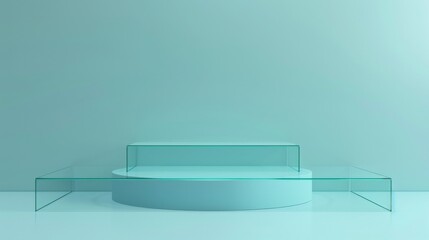 Modern minimalist stage with glass and turquoise hues, ideal for presentations or product displays in a contemporary setting.
