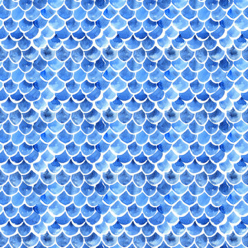 Abstract seamless watercolor background with a pattern of fish scales, tiles. Blue watercolor background.