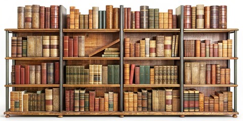 rendering of old books arranged on shelves, isolated on white background