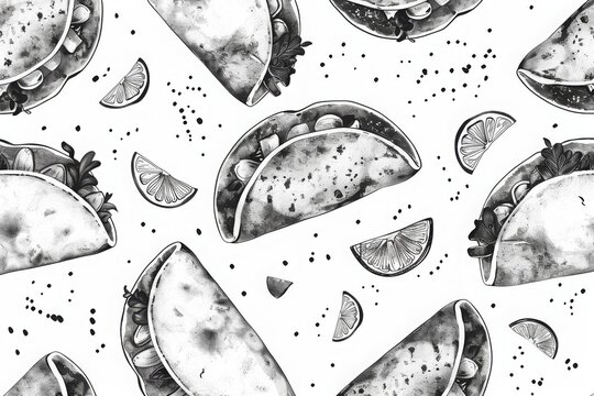black and white taco pattern with lime wedges and spices, perfect for Mexican cuisine and food-related backgrounds.