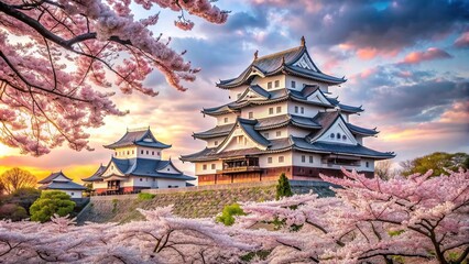 Japanese castle surrounded by cherry blossom trees