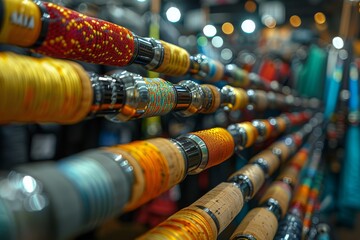 Rows of vibrantly colored and ornate fishing rod handles on display in a shop