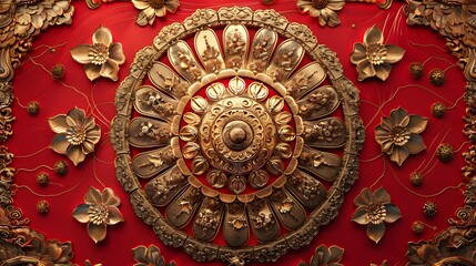 An elaborate gold and red mandala with floral elements, surrounded by intricate golden decorations on a red background.