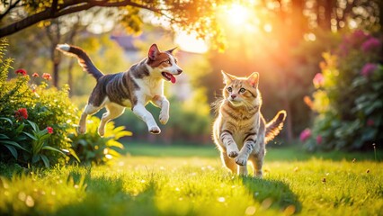 A playful dog and cat chasing each other in a sunny garden