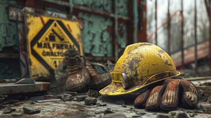 Rusty construction helmet and gloves for industrial or safety themed designs