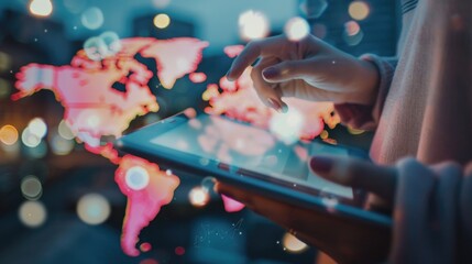 A business analyst reviewing international market trends on a digital tablet