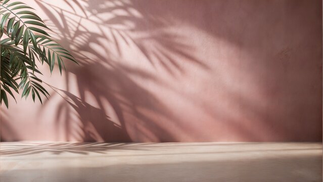 Dusty Rose Wall Leaf Shadows: A muted dusty rose wall and floor with delicate leaf shadows, ideal for a soft and elegant product presentation.
