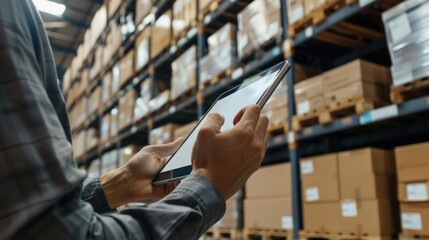 Fototapeta premium A closeup of an IT professional updating global logistics software on a high-resolution tablet