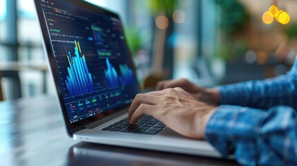 A closeup of a supply chain analyst using predictive analytics software on a high-resolution laptop