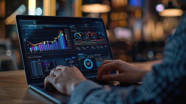 A closeup of a supply chain analyst using predictive analytics software on a high-resolution laptop