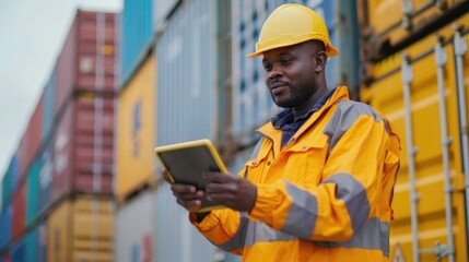 A closeup of a logistics supervisor using a high-tech device to track worldwide shipments
