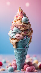 Ice-Cream in a Waffle Cone, colorful dessert, gradient background 