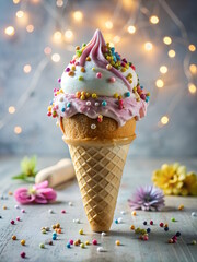 Ice-Cream in a Waffle Cone, colorful dessert, gradient background 