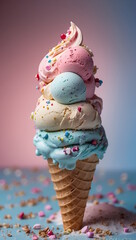 Ice-Cream in a Waffle Cone, colorful dessert, gradient background 