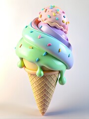 Ice-Cream in a Waffle Cone, colorful dessert, 3D render