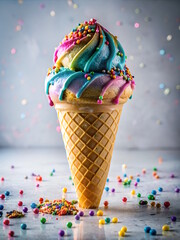 Ice-Cream in a Waffle Cone, colorful dessert, gradient background 