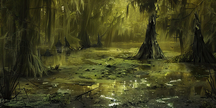 Squalid Sludge Swamp: High-resolution view of a squalid and slimy swamp environment, colored in murky greens, slimy yellows, and dirty browns