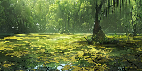 Squalid Sludge Swamp: High-resolution view of a squalid and slimy swamp environment, colored in murky greens, slimy yellows, and dirty browns