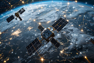 A network of satellites orbiting around a digital Earth, showcasing global connectivity and technological advancement.