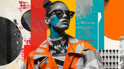 Retro futuristic poster with 80s and 90s high fashion aesthetic. Grunge noise Creative Mixed media collage. Stylish vintage backdrop, grunge graphic design style.